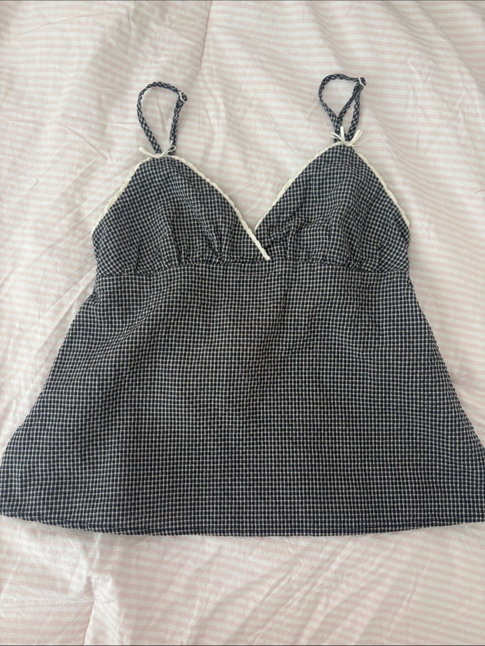 NWOT No Boundaries Navy and White Gingham Babydoll Top with Bow in back